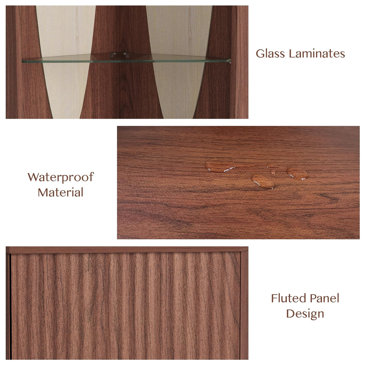 70" Tall Corner Cabinet, Mid Century Modern Cabinet with Doors, Fluted Corner Bar Cabinet with Glass Holder, Lights and Storage Shelves, Wine Bar Cabinet for Liquor, Living Room, Kitchen, Walnut JOINICE