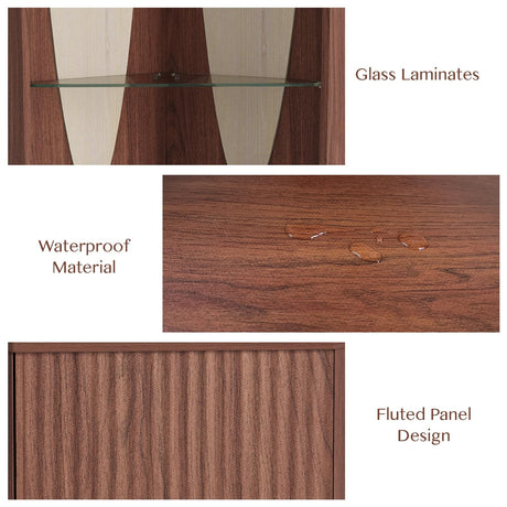 70" Tall Corner Bar Cabinet, Mid-Century Modern Fluted Storage Cabinet with Glass Shelves, Door & LED Lighting, Space-Saving Liquor Cabinet for Living Room, Kitchen, or Dining Room, Walnut JOINICE