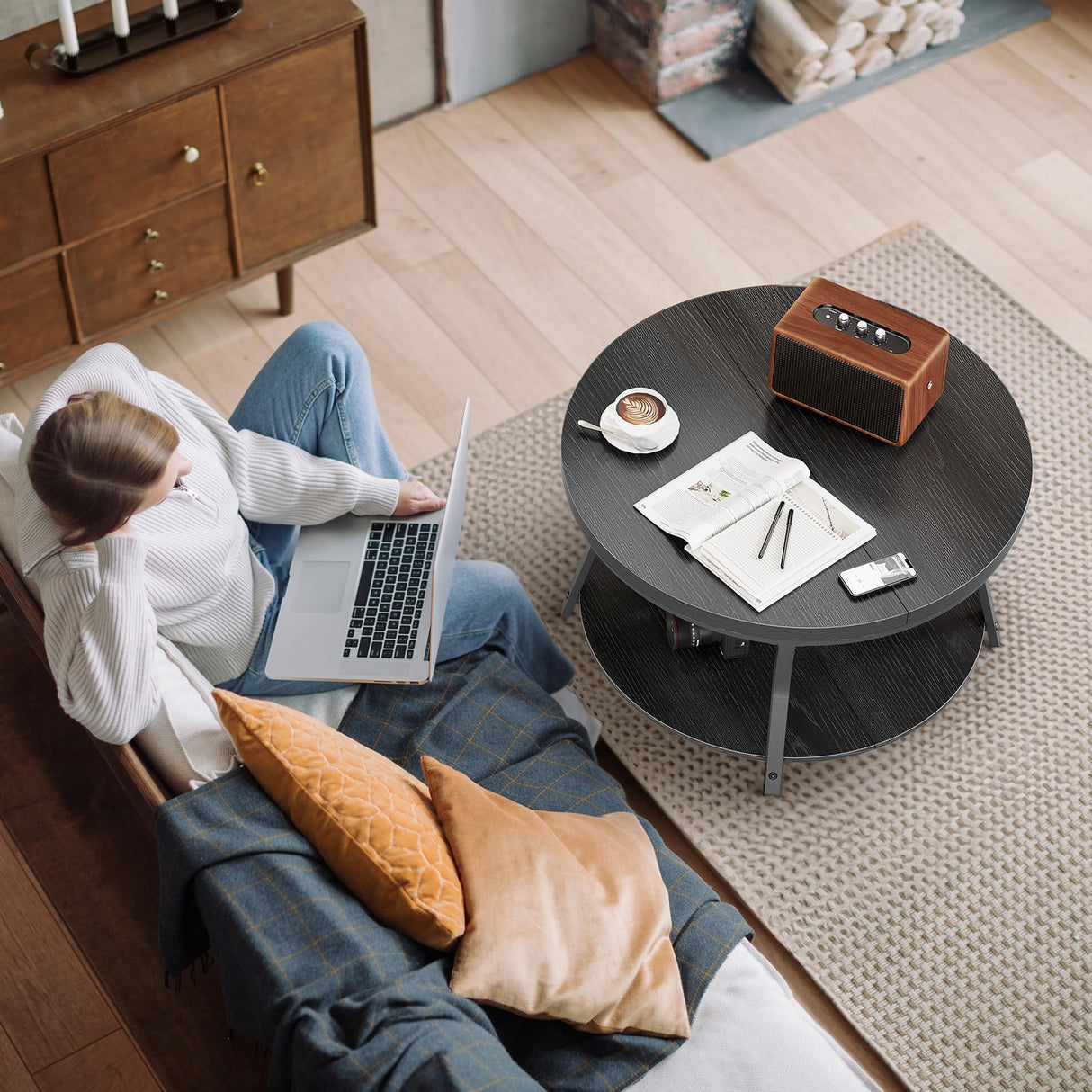 Round Coffee Table, Circle Wood Coffee Tables for Living Room, 2 Tier Industrial Modern Center Table with Thickened Tabletop and Metal Frame, 31.5 inch (Black) AntsandAnts