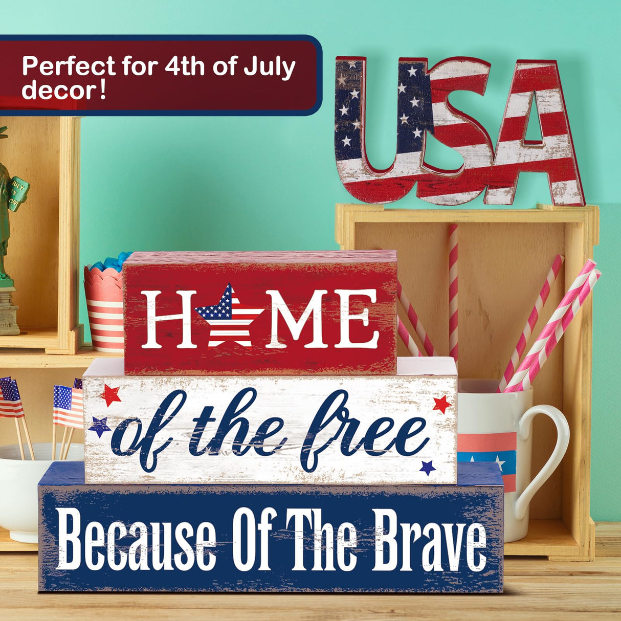 Huquary 4 Pcs Farmhouse 4th of July Patriotic Table Sign Independence Day Table Wood Decorations Patriotic Themed Rustic Farmhouse Wood Block Sign for Party Home Desk (Stylish) Huquary