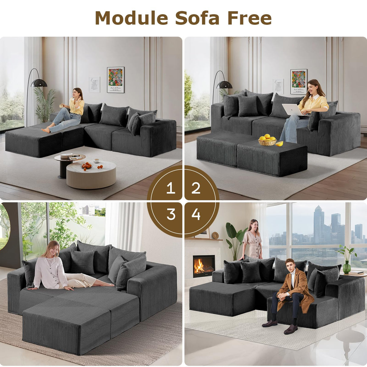 104" Cloud Couch Sectional, U Shaped Boneless Couches for Living Room, Corduroy Modern Modular Sectional Sofa, No Assembly Required (Grey, U-Shaped) cidludto