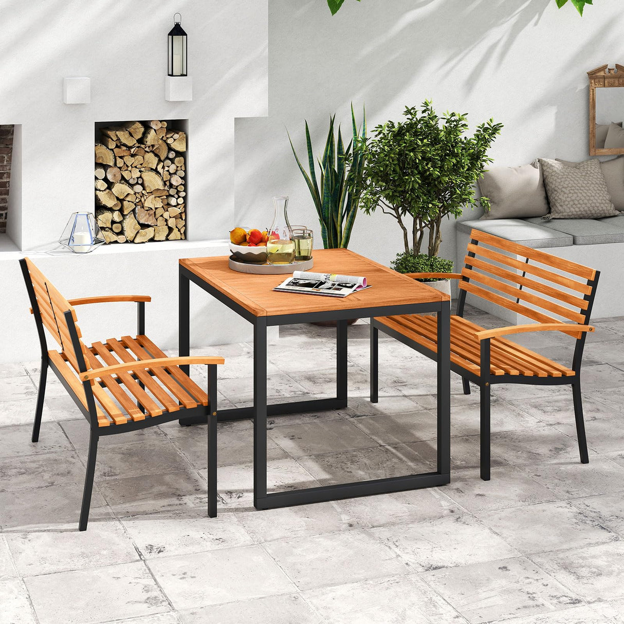 Giantex Outdoor Bench, Acacia Wood Patio Loveseat with Slatted Backrest & Seat, Armrests, Heavy Duty Metal Frame, 800 lbs Capacity, 2-Person Garden Bench for Lawn, Porch, Yard and Park Giantex