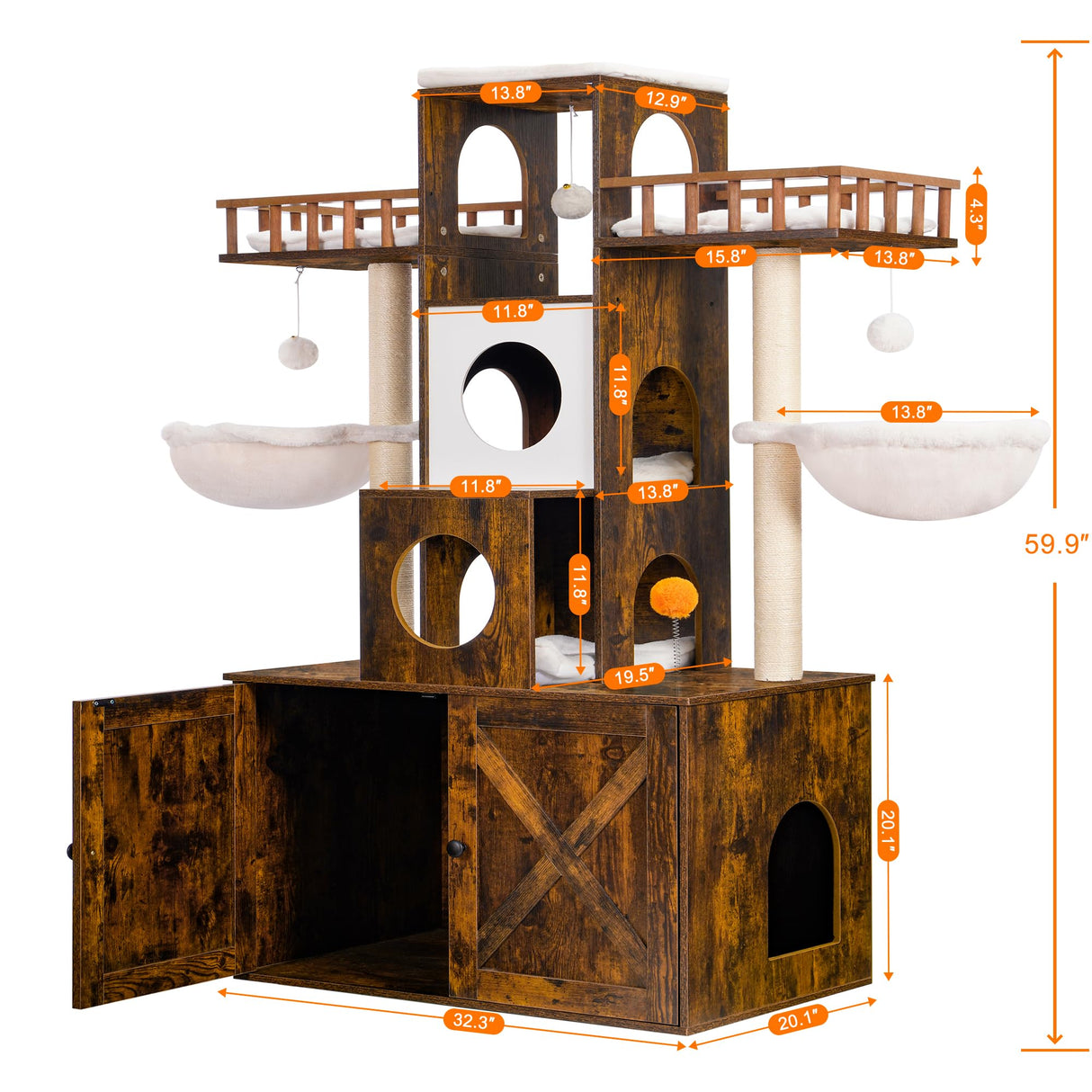 Heybly Cat Tree with Litter Box Enclosure for Indoor Big Cat, Cat Tower for Large Cats 20 lbs Heavy Duty, Modern Cat Condo Furniture with Scratching Posts, Rustic Brown HCT110SR Heybly