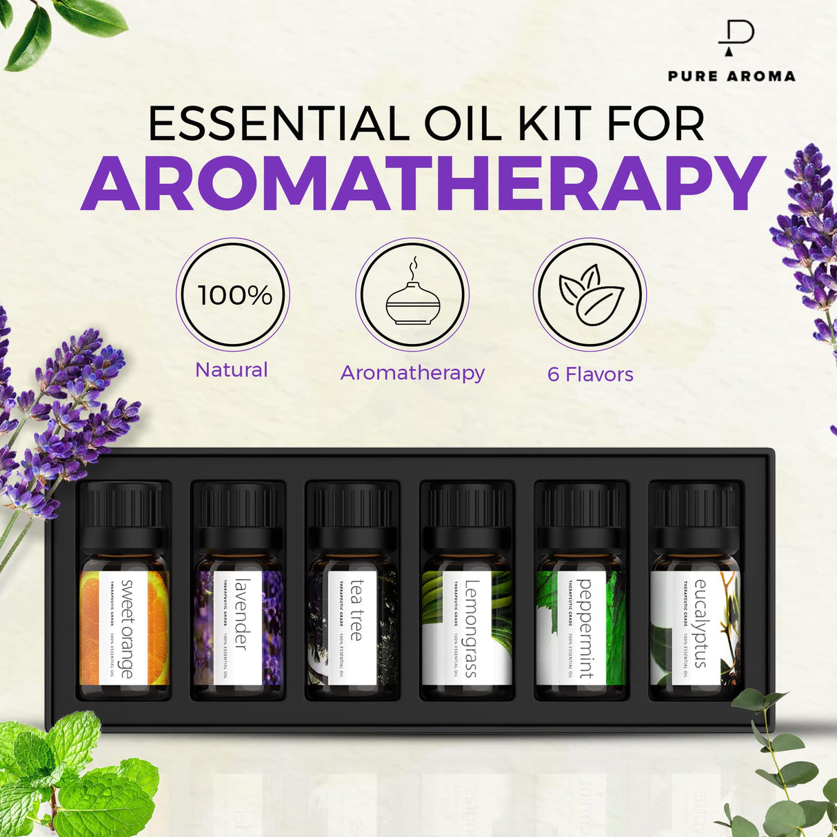 Essential Oils Set by Pure Aroma - Top 6 Aromatherapy Oils Gift Set-6 Pack, 10ml (Eucalyptus, Lavender, Lemongrass, Sweet Orange, Peppermint, Tea Tree) Pure Aroma