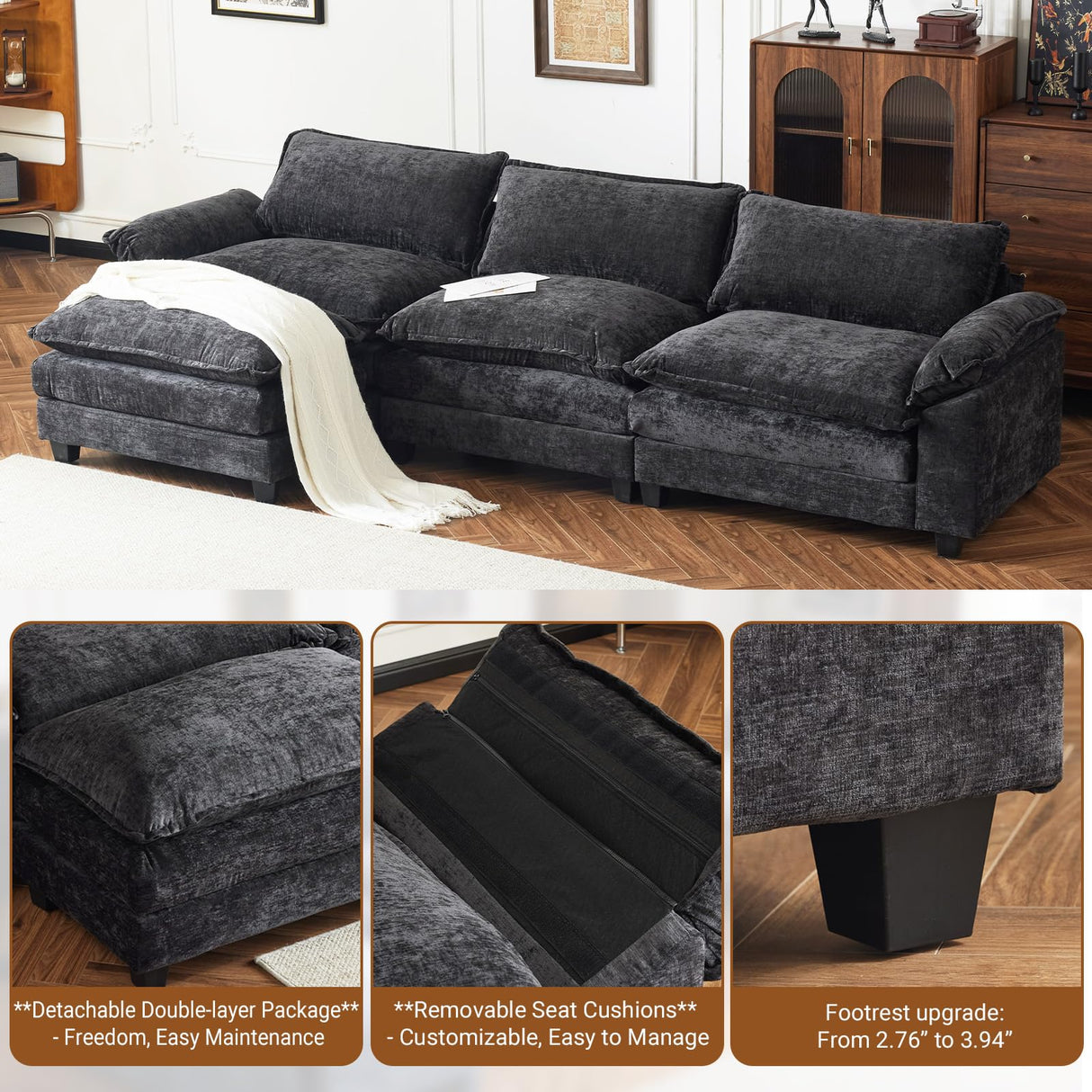 VINGLI 122" Cloud Black Convertible Sectional Sofa, Comfy L-Shape Extra Deep Seat Sofa Couch for Living Room,Modern Chenille 3-Seat Convertible Sofa with Movable Ottoman for Small Space VINGLI