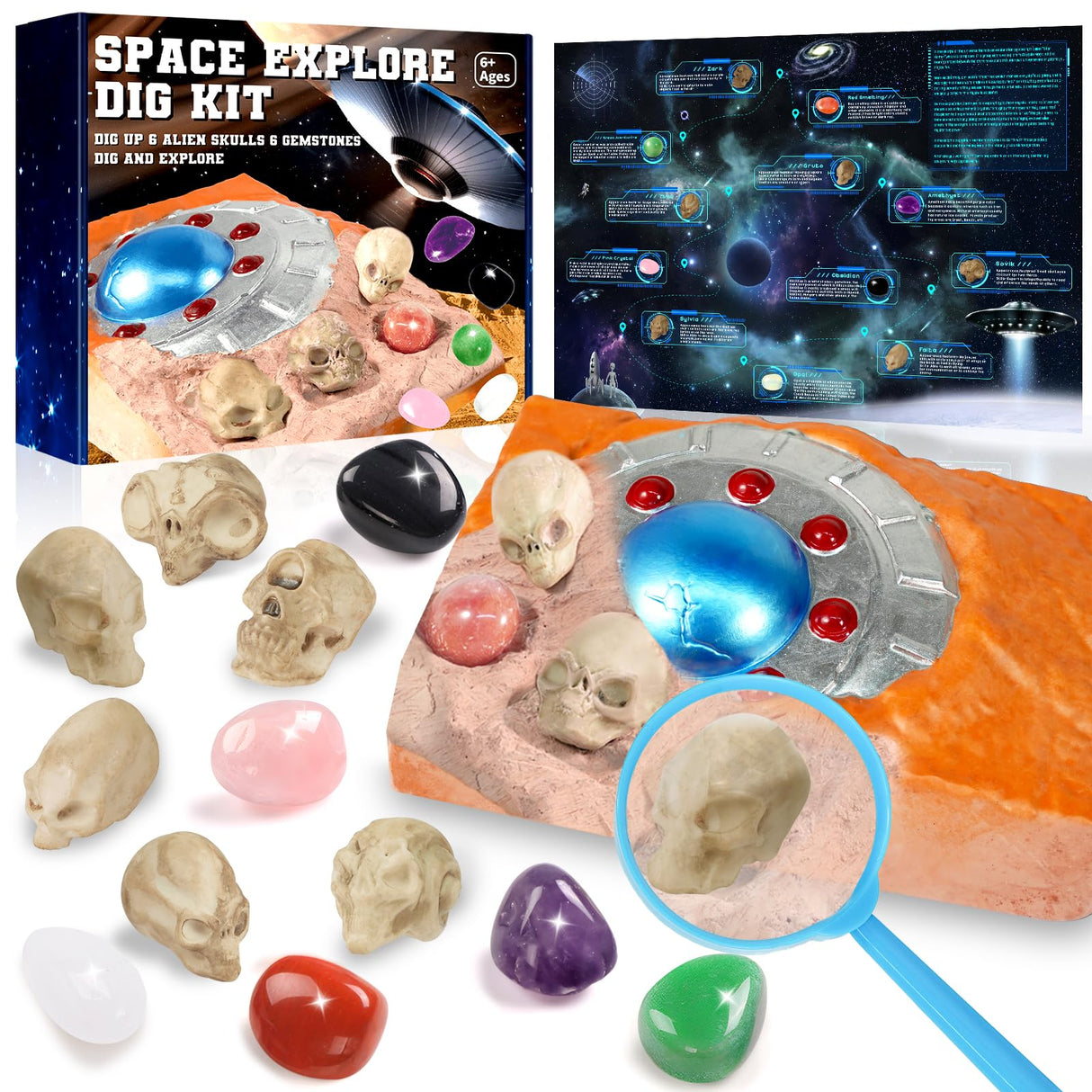 Rileryan Dig Kit, Dig Up 12 PCS Real Gemstones Crystals and Alien Skulls with Dig Tools, Rock Dig Kit Spaceship Explore Discovery Dig Monster for Easter Gifts Rileryan