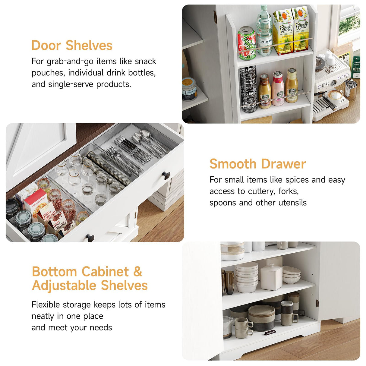 ONBRILL 71" Tall Farmhouse Kitchen Pantry with 6 Door Shelves & Drawer, Wood Pantry Storage Cabinet with 2 Adjustable Shelves & 4 Barn Doors, Freestanding Cupboard for Kitchen, Dining Room, White ONBRILL