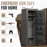 KAER Fireproof Gun Safe, 16-20 Rifle Safe 1400°F / 45 Minutes, Interior 360°Velvet Protection|5 Active Bolts & 2 Deadbolts For Fingerprint Lock, 90-180° Outward-Opening, Storage + Smooth Handle(Grey) KAER