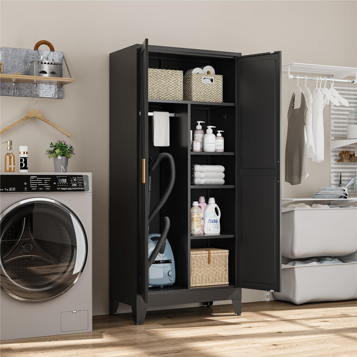 Metal Combination Cabinet, Black Wardrobe Closet Cabinets with Doors and Shelves, 71" Farmhouse Bedroom Armoire Closet with Hanging Rod and Clothing Shelf, White Steel Wardrobe Cabinet for Bedroom Bevivog