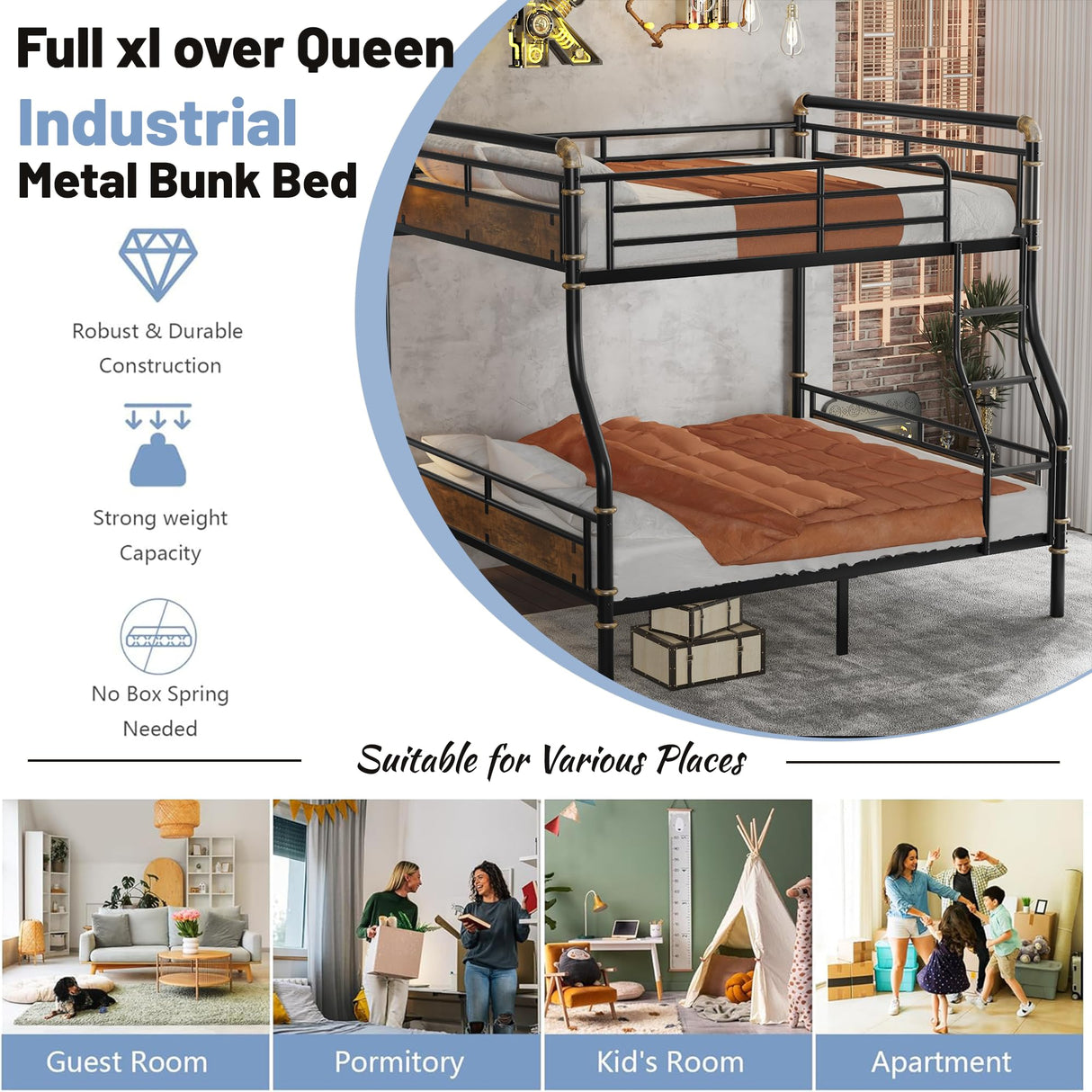 Full XL over Queen Industrial Bunk Beds for Teens or Adults , Heavy-Duty 2 IN 1 Metal Convertible Bunk Bed with Ladder and Slats Support ,15.9" High Guard Rail,Space-Saving ,Noise Reduced,Black MoproBeti