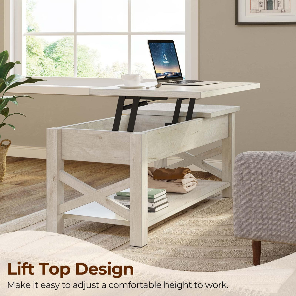 Rolanstar 47.2" Lift Top Coffee Table with Hidden Compartment, 2 Way Lift Top Coffee Table with Open Shelf & X Wooded Support, Farmhouse Center Table for Living Room, Grey Rolanstar