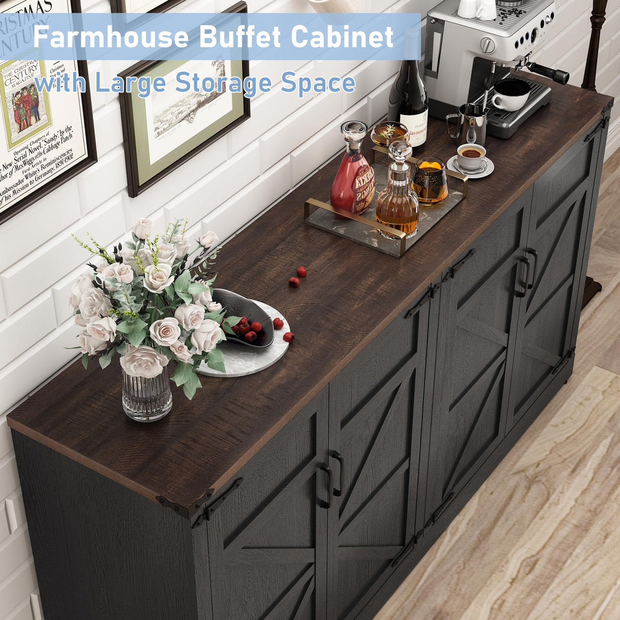 Sideboard Buffet Cabinet with Storage - 65 Inch Farmhouse Kitchen Pantries Sideboard Cabinets with Adjustable Shelves, Wooden Coffee Bar Cabinet Buffet Table for Kitchen, Dining Room, Black chartustriable