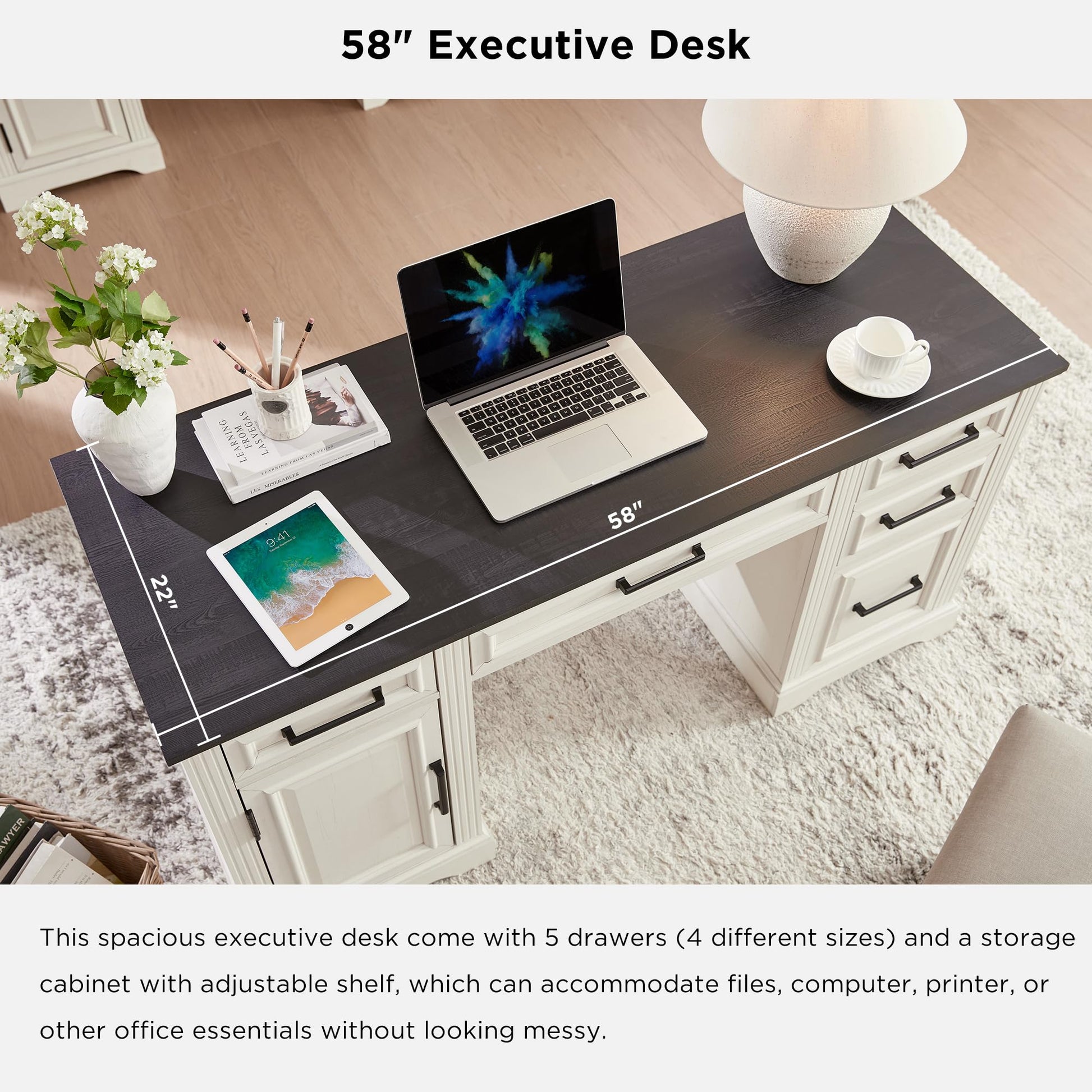 JXQTLINGMU 58" Executive Desk, Farmhouse Computer Desk with Drawers and Cabinet, Embossed Texture Home Office Desk, Workspace for Work Study Writing, White - WoodArtSupply