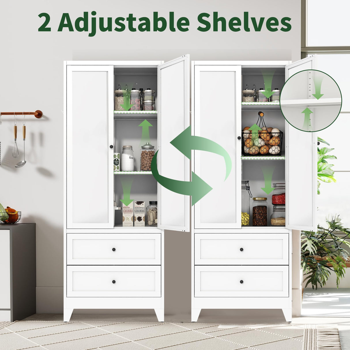 VIYET 72" Tall Kitchen Pantry Cabinet,White Metal Pantry Cabinet with 2 Drawers & 2 Adjustable Shelves,Utility Storage Cabinet Rust-Resistant for Living Room,Dining Room,Bathroom,Garage,Basement VIYET