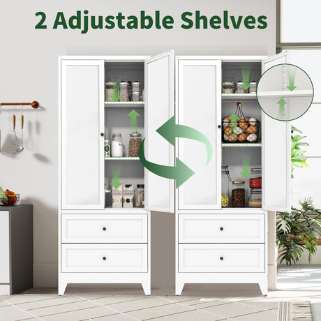 VIYET 72" Tall Kitchen Pantry Cabinet,White Metal Pantry Cabinet with 2 Drawers & 2 Adjustable Shelves,Utility Storage Cabinet Rust-Resistant for Living Room,Dining Room,Bathroom,Garage,Basement VIYET