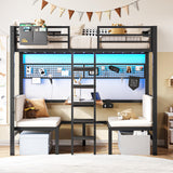 DICTAC Twin Over twin Bunk Bed with Led Lights and Charging Station Convertible Metal Twin Loft Bed with Desk and Seat bunk bed with Desk & Stair for Teen,Safety Guardrails,Black(Cushion not Included) DICTAC