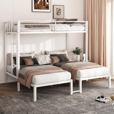 HKOLIE Twin Over Twin & Bunk Beds for 3, Triple Bunk Bed for 3 with Guardrails, Ladder & Upper-Bed Platform, for Children, Teens, Adults, No Box Spring Needed, White