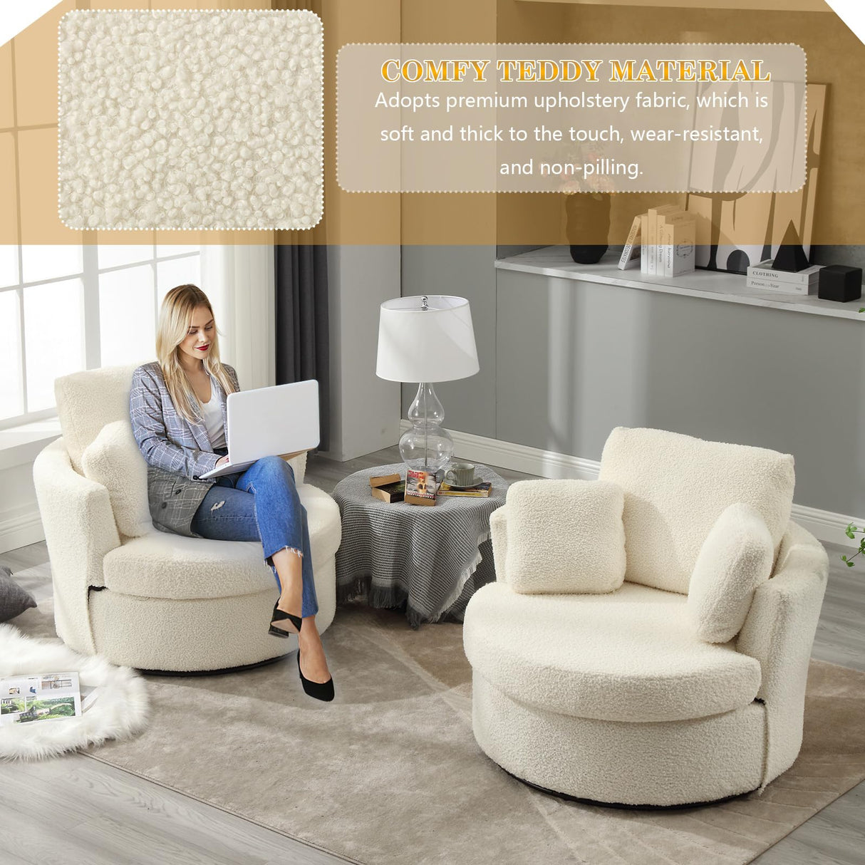 Swivel Barrel Chair, Modern Fabric Oversized 360 Degree Club Accent Arm Chairs, Single Round Living Room Sofa Chair w/ 3 Pillows for Nursery, Bedroom, Reading, Office, Ivory JEEOHEY