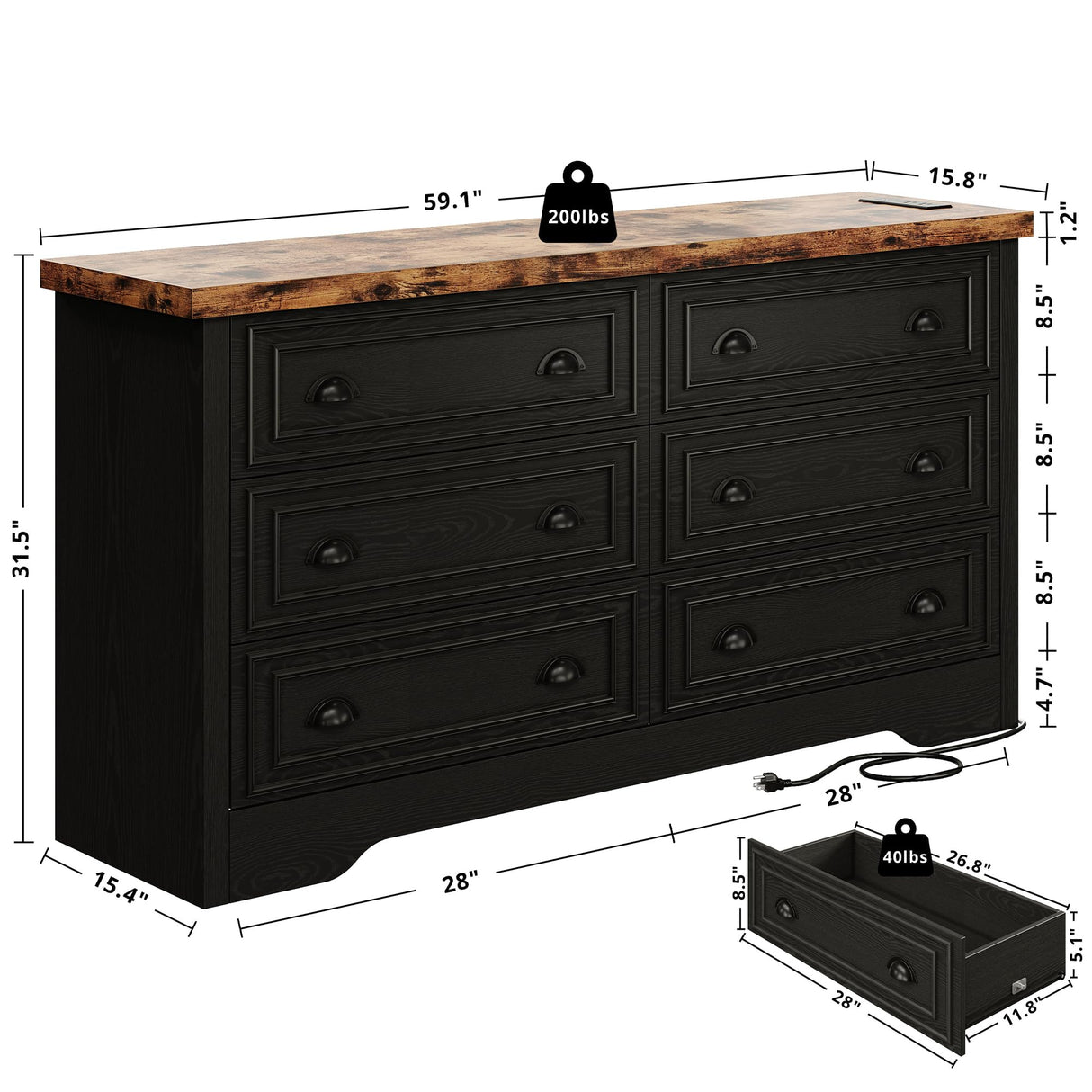 LIKIMIO 59" 6 Drawers Dresser for Bedroom, Power Strip, Farmhouse Large Wood Dressers & Chest of Drawers with Wide Storage Cabinet, Rustic Brown & Black LIKIMIO