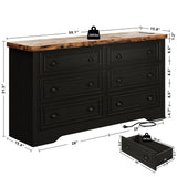 LIKIMIO 59" 6 Drawers Dresser for Bedroom, Power Strip, Farmhouse Large Wood Dressers & Chest of Drawers with Wide Storage Cabinet, Rustic Brown & Black LIKIMIO
