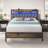 Welzona Queen Bed Frames with Headboard, LED Lights Queen Size Bed Frames with Charging Station, Sturdy and Noise-Free, Storage Space Under Bed, No Box Spring Needed, Brown Welzona