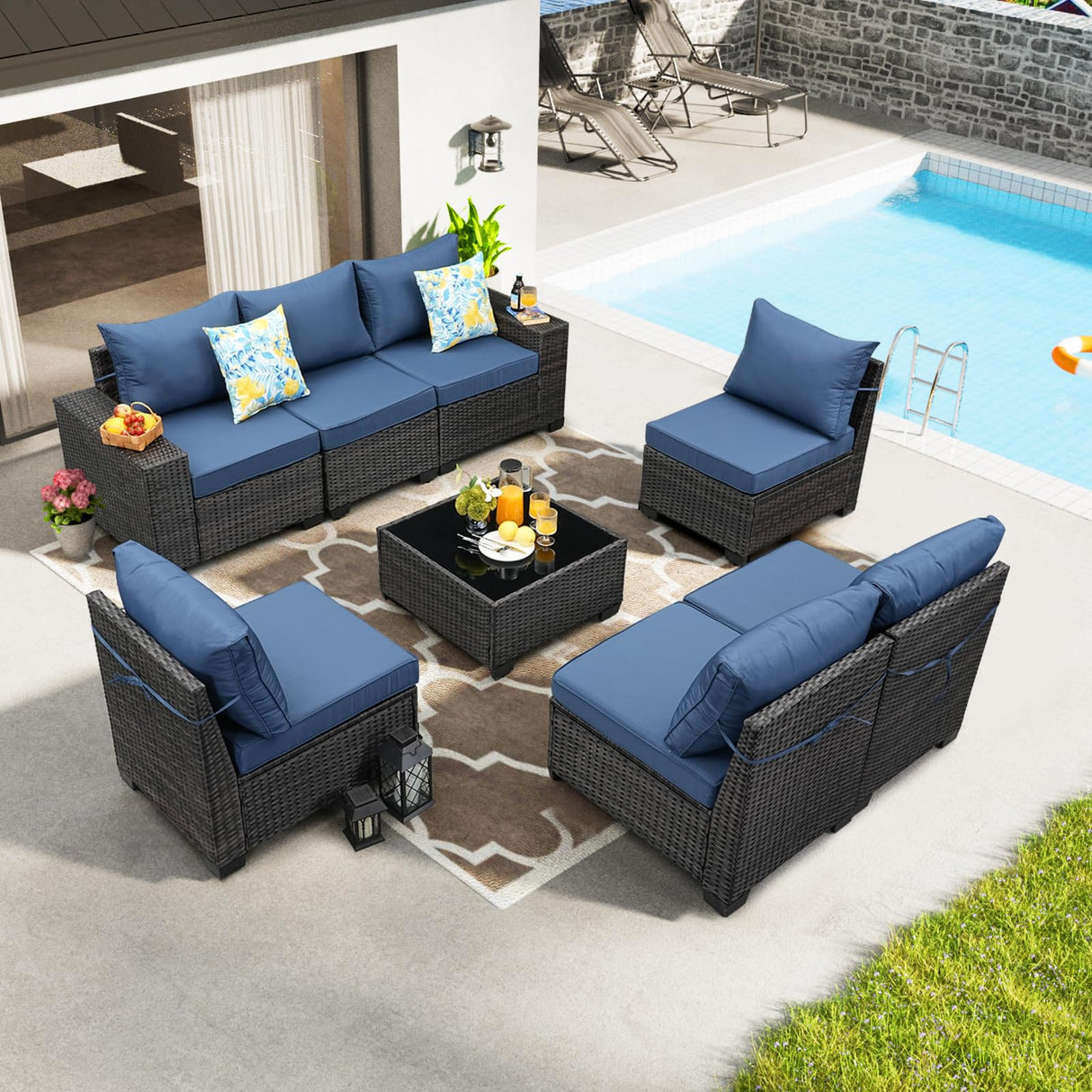 JOYURE 8 Pieces Patio Furniture Set All-Weather Outdoor Wicker Sectional Conversation Sofa Rattan Patio Seating Sofa with Cushion and Glass Table for Porch Poolside,Navy JOYURE