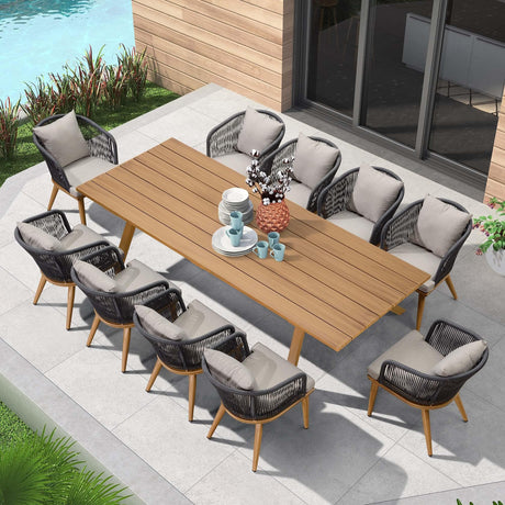 PURPLE LEAF 11 Pieces Patio Dining Set Wicker Outdoor Furniture Rectangular Table and Chairs Set for Garden Deck Teak-Finish Aluminum Frame Backyard Kitchen Set, Cushions and Pillows Included PURPLE LEAF