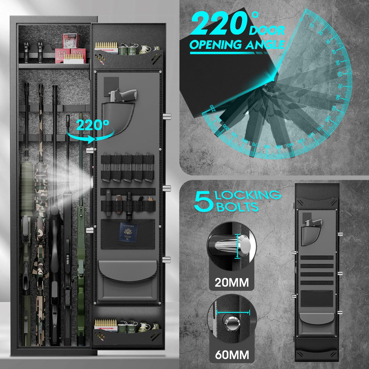 5-6 Rifle Gun Safe, Biometric Gun Safe, 57" Long Gun Safe for Rifles and Pistols, Quick Access Gun Cabinet for Rifles and Shotguns with Backlit Touch Keypad, Dual Alarm System, 3 Gun Racks Luzfuego