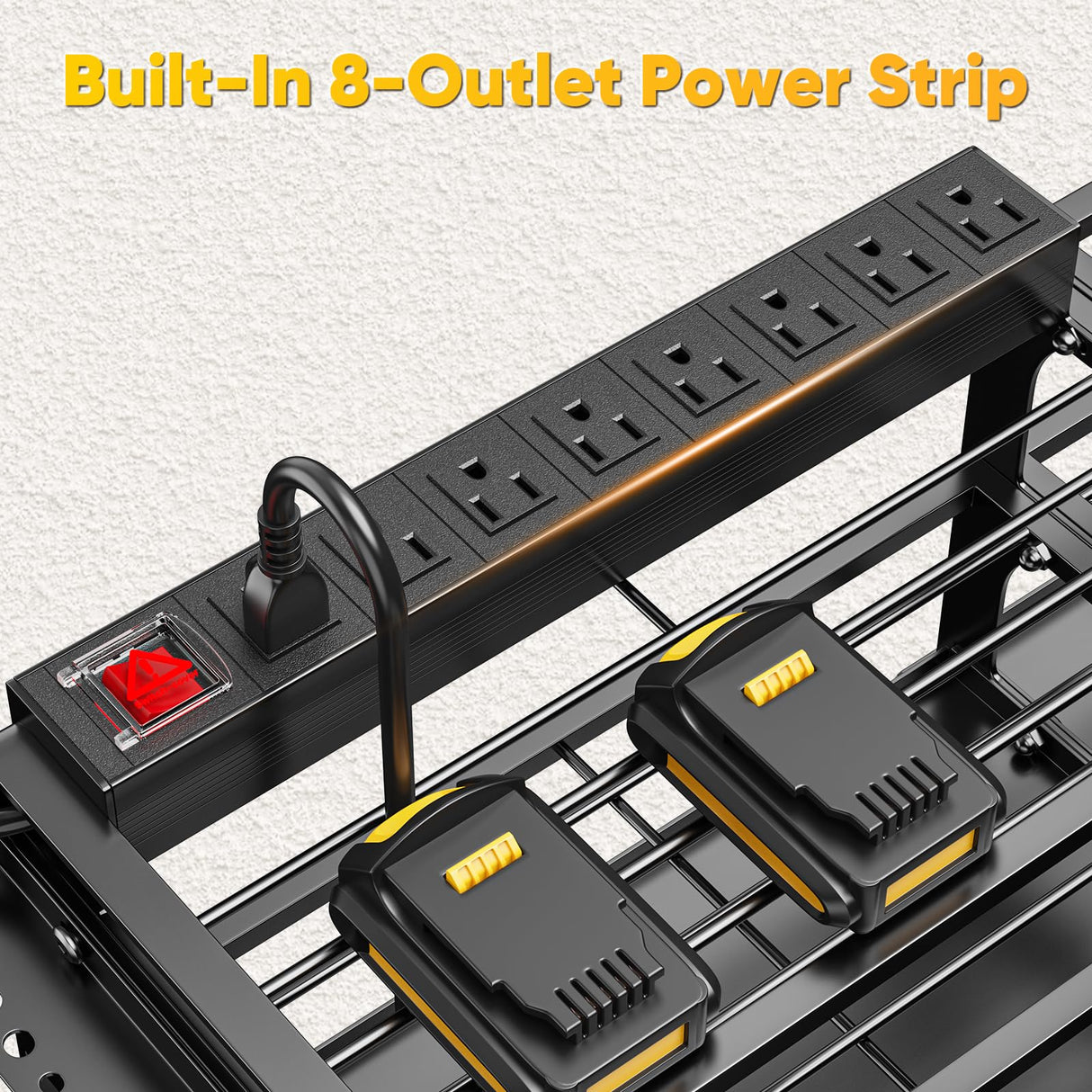 POKIPO 49.5" W Large Power Tool Organizer Wall Mount with Charging Station, 4-Tier Heavy Duty12 Cordless Drills Holder Load 600 lb, Tool Battery Storage Rack Built in 8 Outlet Power Strip for Garage POKIPO