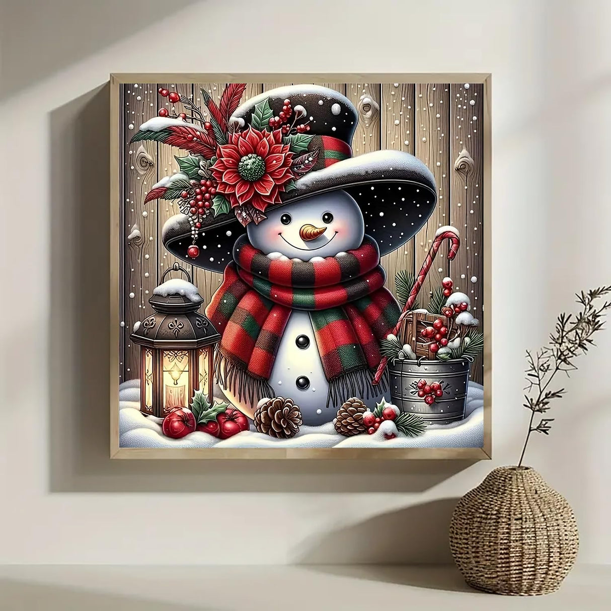 Winter Snowman Light Flower Diamond Art Kits for Adults, 5D Diamond Painting Kits for Adults Beginners, DIY Full Round Drill Diamond Dot Painting Gem Art Kits for Adult, Home Wall Decor 13.8x13.8 Inch VCLKDIY