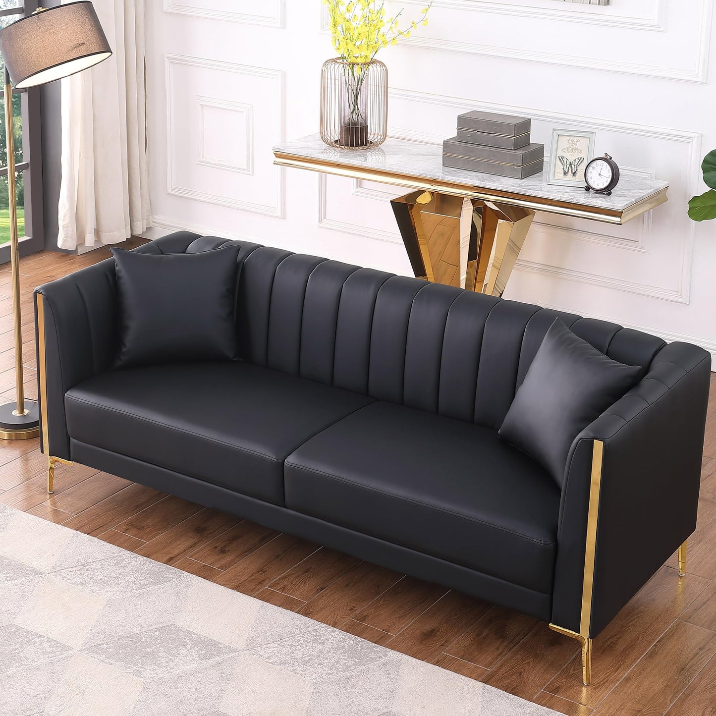 FOTOSOK 78'' Sofa, Black Sofas Couches for Living Room, Comfy Sofa Faux Leather Sofa 3 Seater Sofa with 2 Throw Pillows and Gold Metal Legs, Deep Seat Sofas for Living Room (Black)