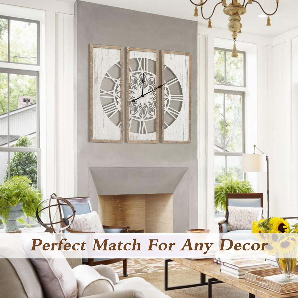 RiteSune Rustic 30" Wall Clocks for Living Room Decor, Oversized Farmhouse Wall Clock Battery Operated, Triptych Panel Wooden Large Clock Wall Art for Bedroom Entryway RiteSune