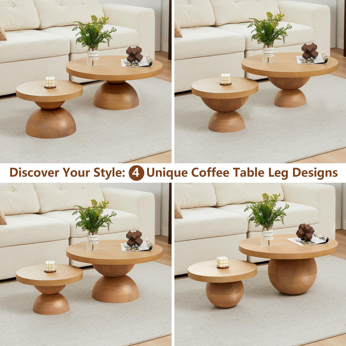 Solid Wood Round Nesting Coffee Table Set of 2, Circle Accent Tables with Unique Semi-Circular Legs, Mid Century Modern Side End Table Set for Small Space Living Room Office (Natural Oak) LEVNARY
