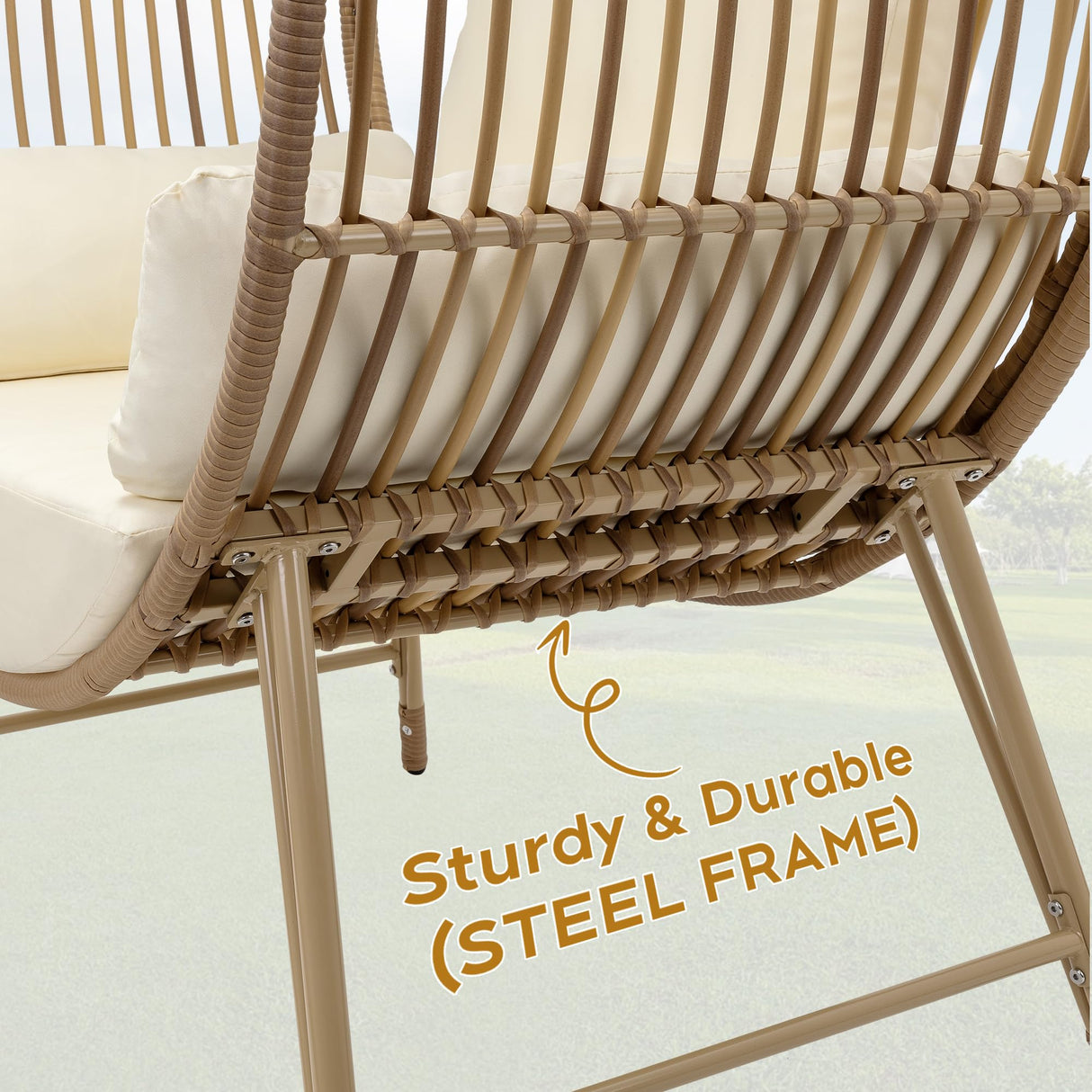 Yechen Egg Chair Outdoor, Oversized Wicker Patio Chairs with 350LBS Capacity, Rattan Porch Chair, 6.69'' Cushions for Living Room, Bedroom, Garden, Round Nest Chairs with Steel Stands Easy Assembly Yechen