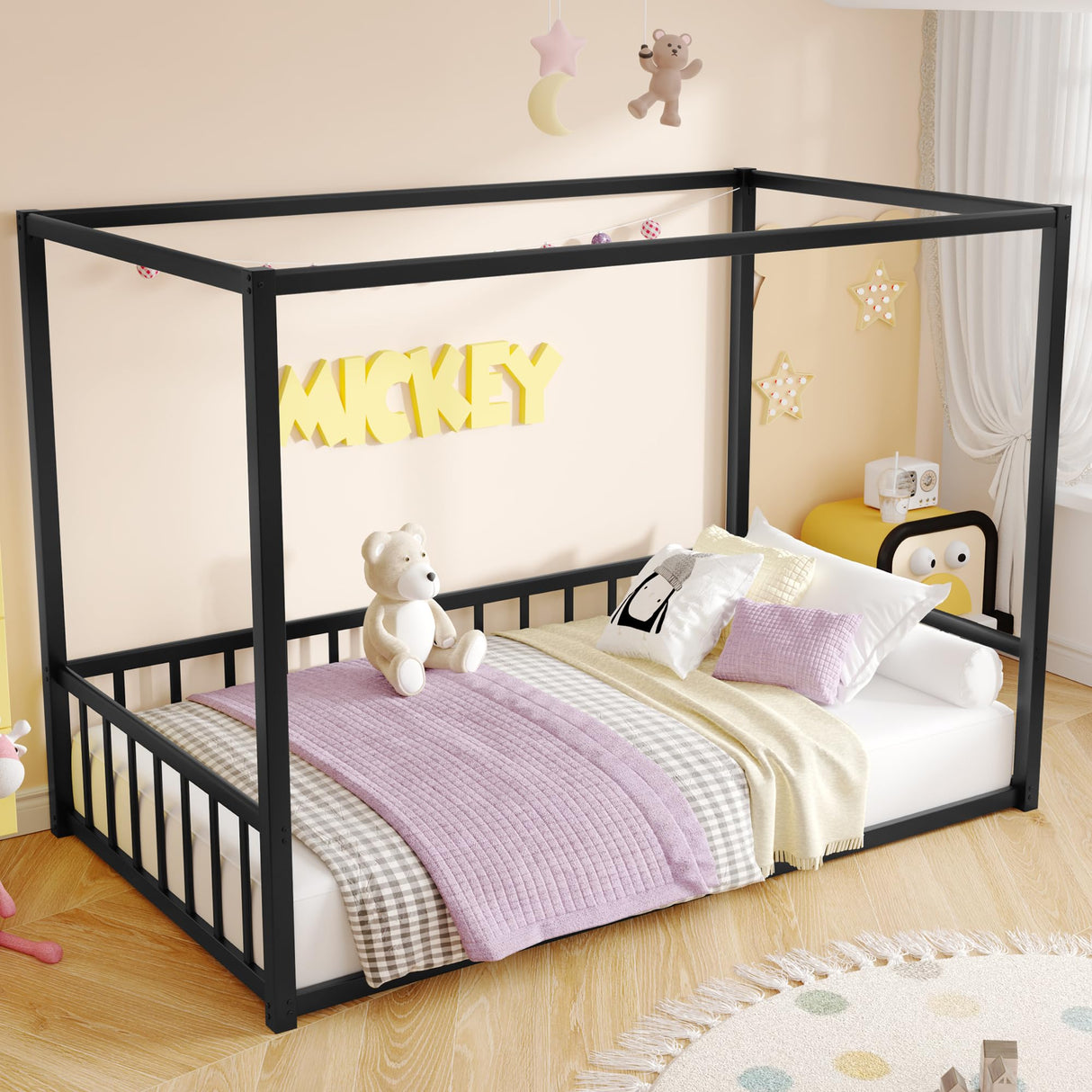 Twin Size Canopy Floor Bed with 4 Posters and Guardrails, Twin Size Montessori Floor Bed with High Fence, Anti Bump Design, Easy Assemble Montessori Beds, Heavy Duty Canopy Beds Black Bellemave