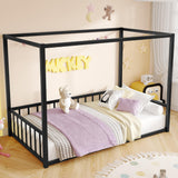 Twin Size Canopy Floor Bed with 4 Posters and Guardrails, Twin Size Montessori Floor Bed with High Fence, Anti Bump Design, Easy Assemble Montessori Beds, Heavy Duty Canopy Beds Black Bellemave