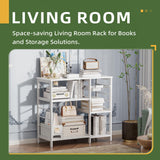 vovala Baker’s Rack, Microwave Oven Stand with Bamboo Frame, 35.43" Coffee Bar with Wire Basket & 6 Hooks, 3-Tier Kitchen Storage Shelf Stand for Kitchen, Living Room, Office, White vovala