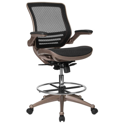 Flash Furniture Waylon Mid-Back Swivel Office Chair with Adjustable Foot Ring and Seat Height, Ergonomic Mesh Chair with Armrests, Black/Gold - WoodArtSupply