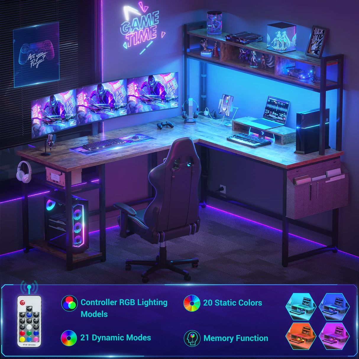 Aheaplus Reversible L-Shaped Desk with Power Outlet & LED Lights - Rustic Brown Home Office & Gaming Setup Aheaplus