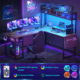 Aheaplus Reversible L-Shaped Desk with Power Outlet & LED Lights - Rustic Brown Home Office & Gaming Setup Aheaplus