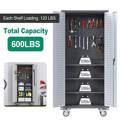 Reemoon Metal Storage Cabinet with Wheels and Pegboard, 71" Tall Garage Storage Cabinet with Shelves and Locking Doors, Rolling Tool Cabinet for Garage Home Office Utility Room-Required Assembly