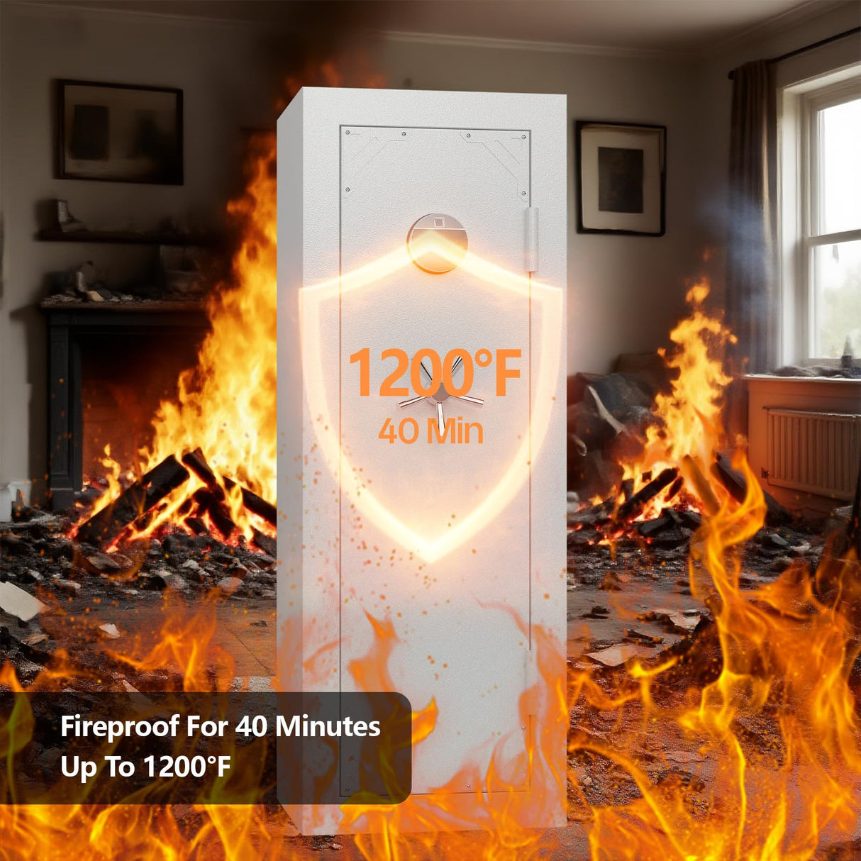 KAER Fireproof 20 Gun Safe 1400°F / 45 Minutes Biometric Gun Safe for Rifles and Pistols Rifle Safe Gun Cabinet Quick Access Gun Safes with Adjustable Shelf and Gun Rack (White) KAER