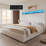 YITAHOME King Size Corduroy Upholstered Platform Bed Frame with Charging Station and RGB LED Lights, 53’’ Tall Storage Wingback Headboard, No Box Spring Needed, Easy Assembly, Noise-Free, White YITAHOME