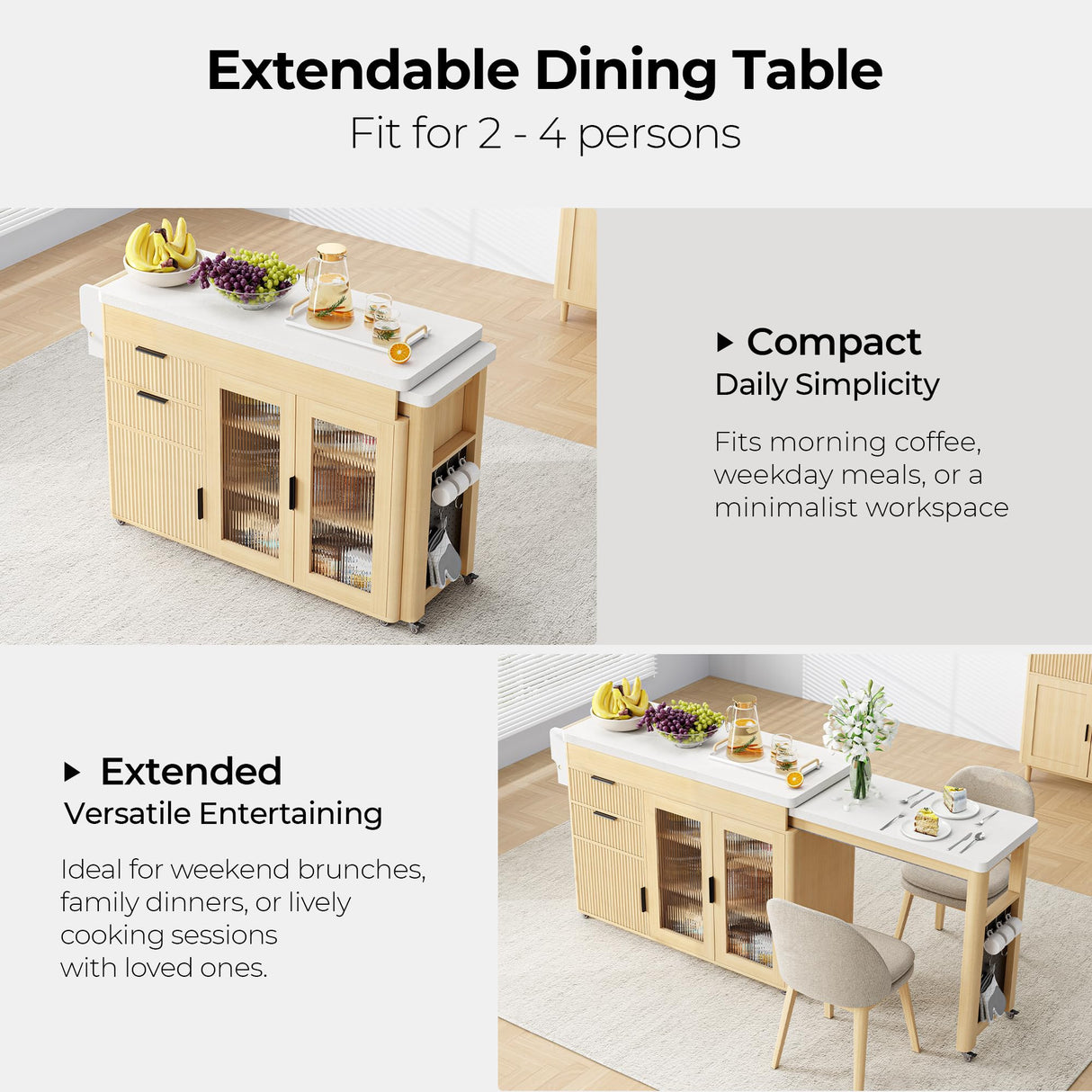 IRONCK 78.7" Kitchen Island with Extendable Dining Table, Rolling Kitchen Cart on Wheels with Quartz Laminate Top, Storage Cabinet, Spice Rack, Shelf & Drawer for Dining Room (Oak) IRONCK