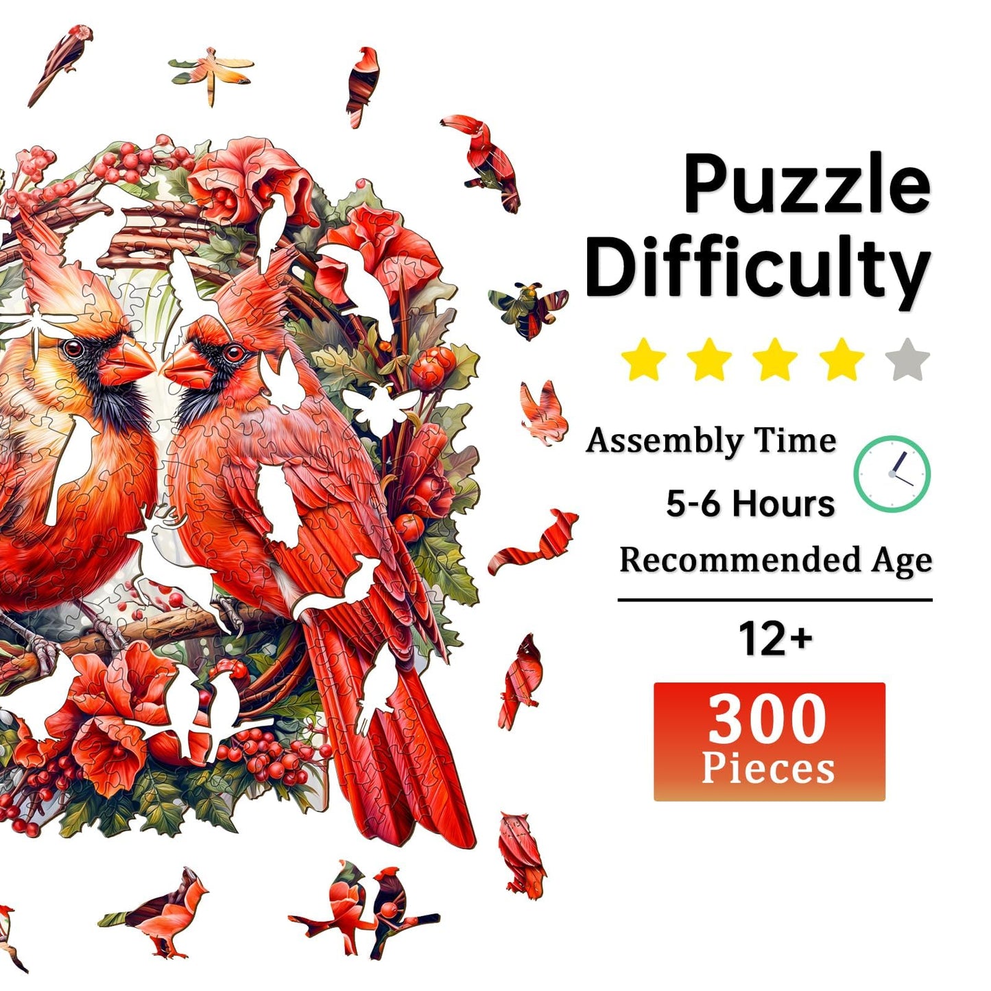 Jigfoxy Wooden Puzzles for Adults, Cardinal Wood Puzzles Adult, Unique Animal Shape Wooden Jigsaw Puzzles, Birthday Gifts for Puzzles Lovers Family Friend (L-13.3 * 13.3in-300 pcs)