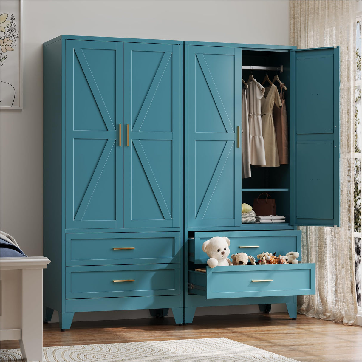 Baborokic Metal Wardrobe Cabinet with Hanging Rod, 71" Armoire Wardrobe Closet with 2 Drawers,Farmhouse Metal Clothing Storage Cabinets with Door and Adjustable Shelves for Bedroom,Laundry Room(Blue) Baborokic