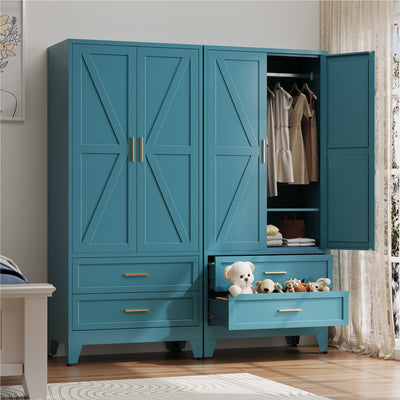Baborokic Metal Wardrobe Cabinet with Hanging Rod, 71" Armoire Wardrobe Closet with 2 Drawers,Farmhouse Metal Clothing Storage Cabinets with Door and Adjustable Shelves for Bedroom,Laundry Room(Blue)