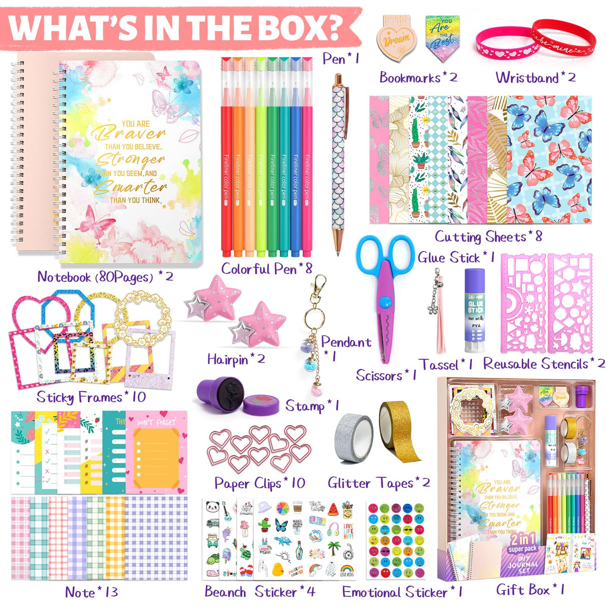 2-Pack DIY Journal Kit for Girls Ages 8-14 Year Old, Birthday Christmas Gifts for Teen Girls, 70+ Pcs Art & Crafts, Scrapbook & Diary Supplies Toy Set Trendy Stuff for Kids ADUSRIZ