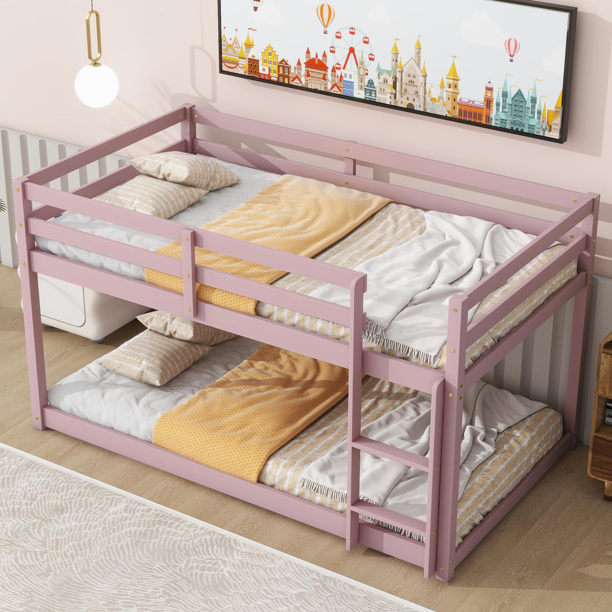 Harper & Bright Designs Low Bunk Beds Twin Over Twin Wood Twin Bunk Bed Frame with Safety Rail Ladder for Kids Bedroom Twin Floor Bunk Bed for Boys Girls Teens, Pink Harper & Bright Designs