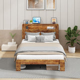 Queen Size Wooden Bed Frame with Storage Headboard & Charging Station, Farmhouse Platform Bedframe with LED Lights & Wood Slat Support, No Noise, No Box Spring Needed, Easy Assembly (Rustic Brown QNICE